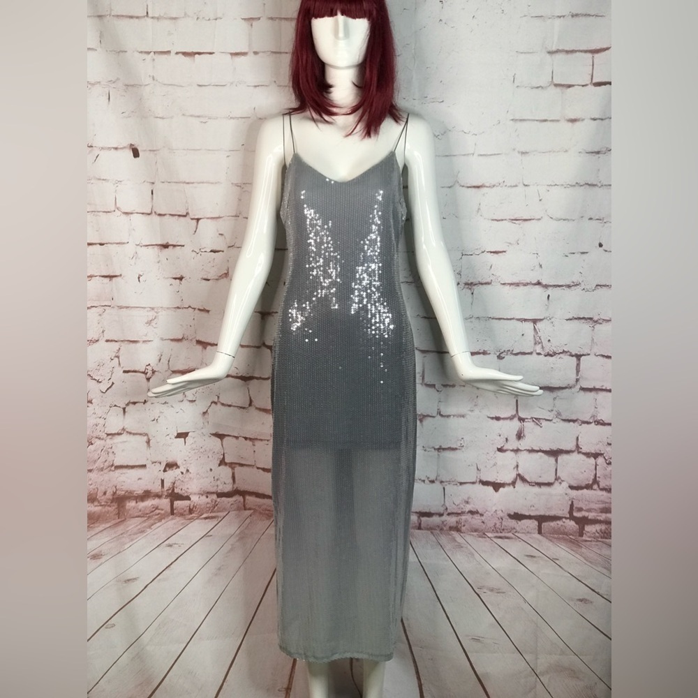ZARA Degrade Silver Shimmer Sequin Midi Slip Prom Dress Size XS NEW WITH TAGS - Picture 13 of 16